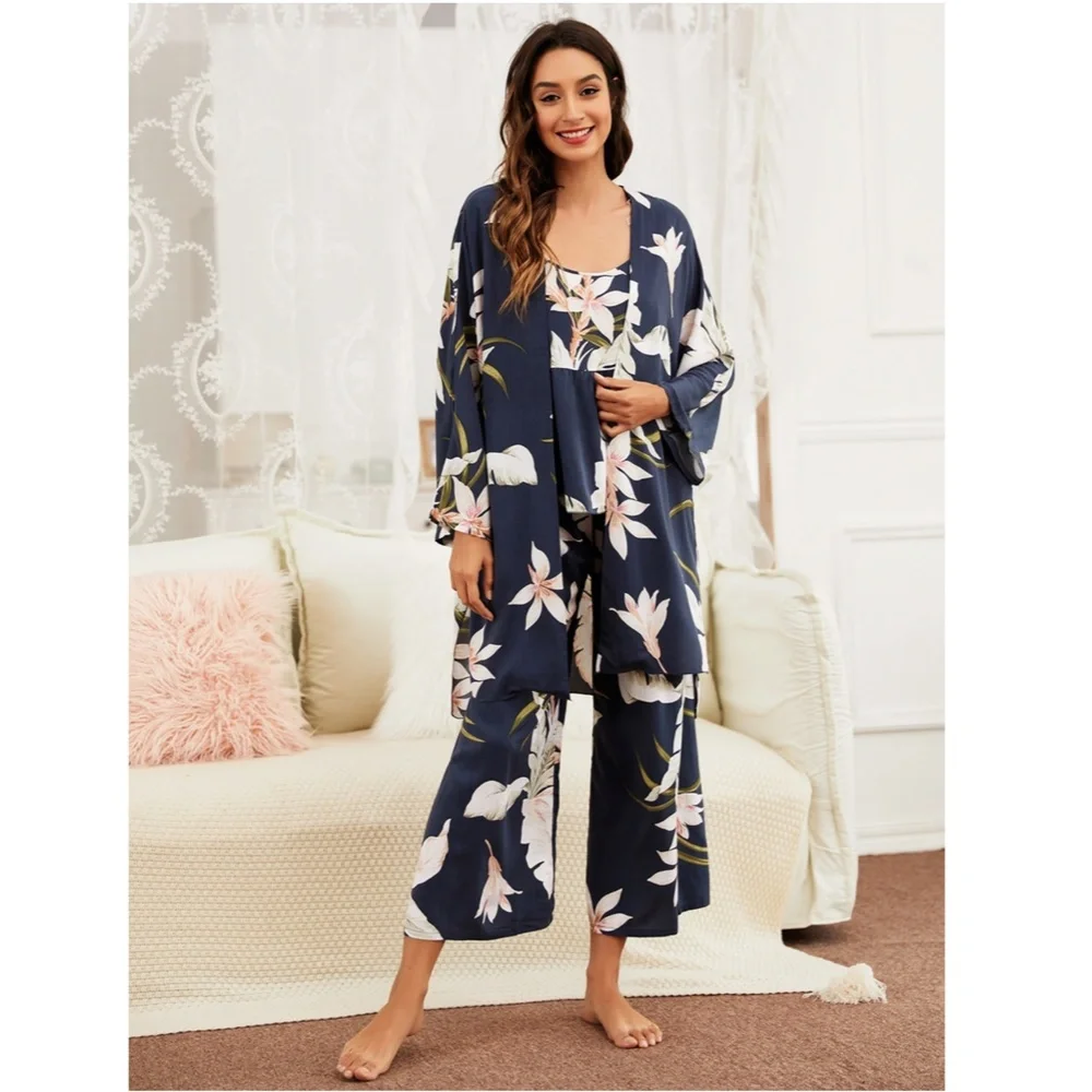 3 Piece Navy Color Floral Print Pajama Set - Picture 4 of 10